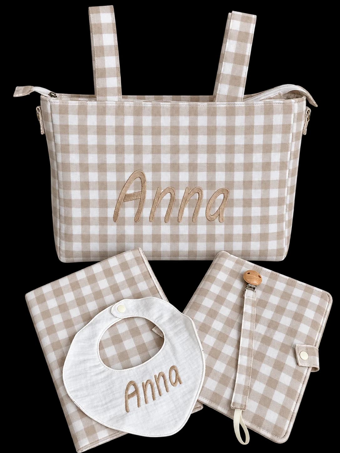 bolsa carrito vichy con nombre personalizado babero portadocumentos chupetero
