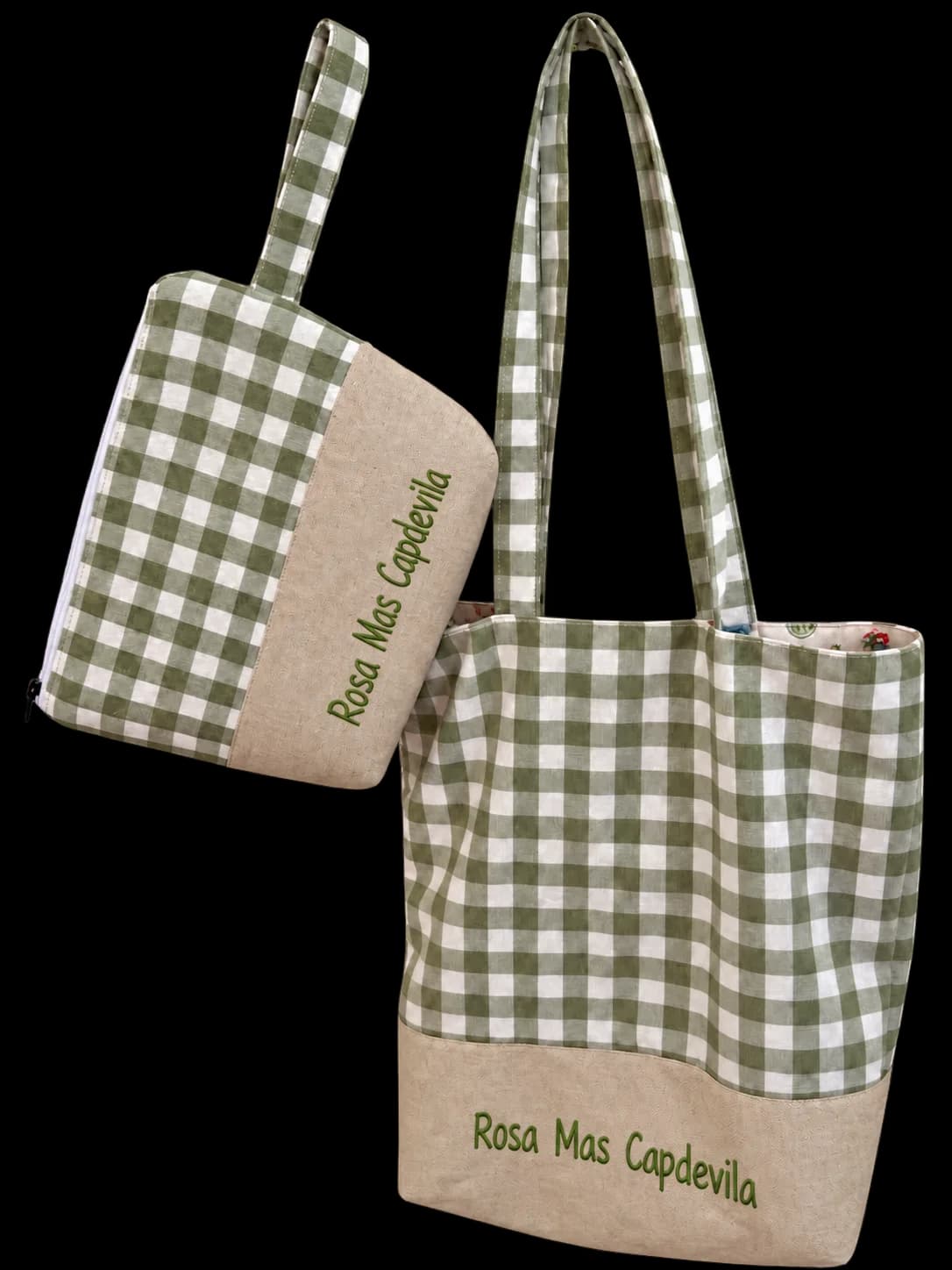 bolso a juego con neceser vichy con nombre personalizado guarderia