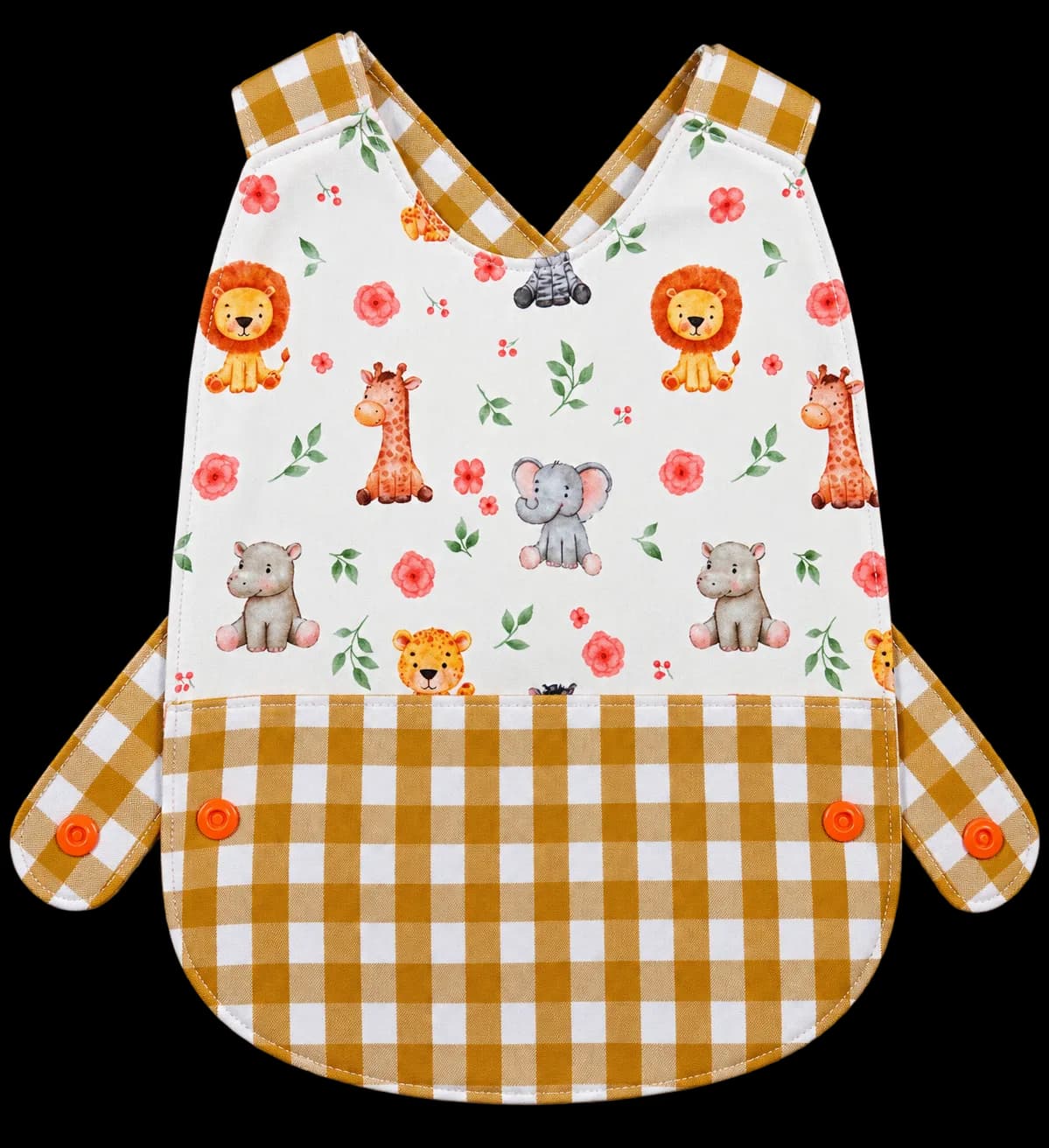 babero cruzado personalizado para comer combinación vichy con animales fauna infantil